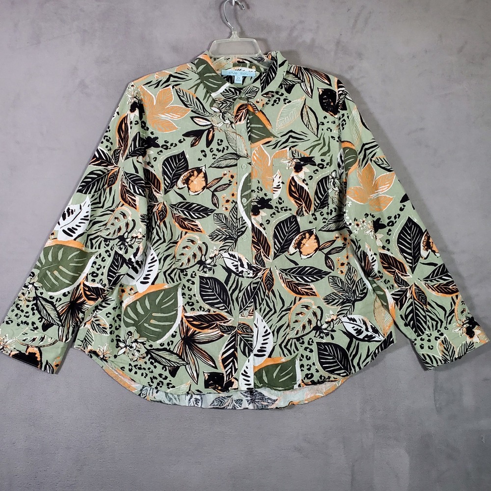 Blue Sol Blouse Womens 2X Green‎ Tropical Leaf Print Linen Blend Button Office